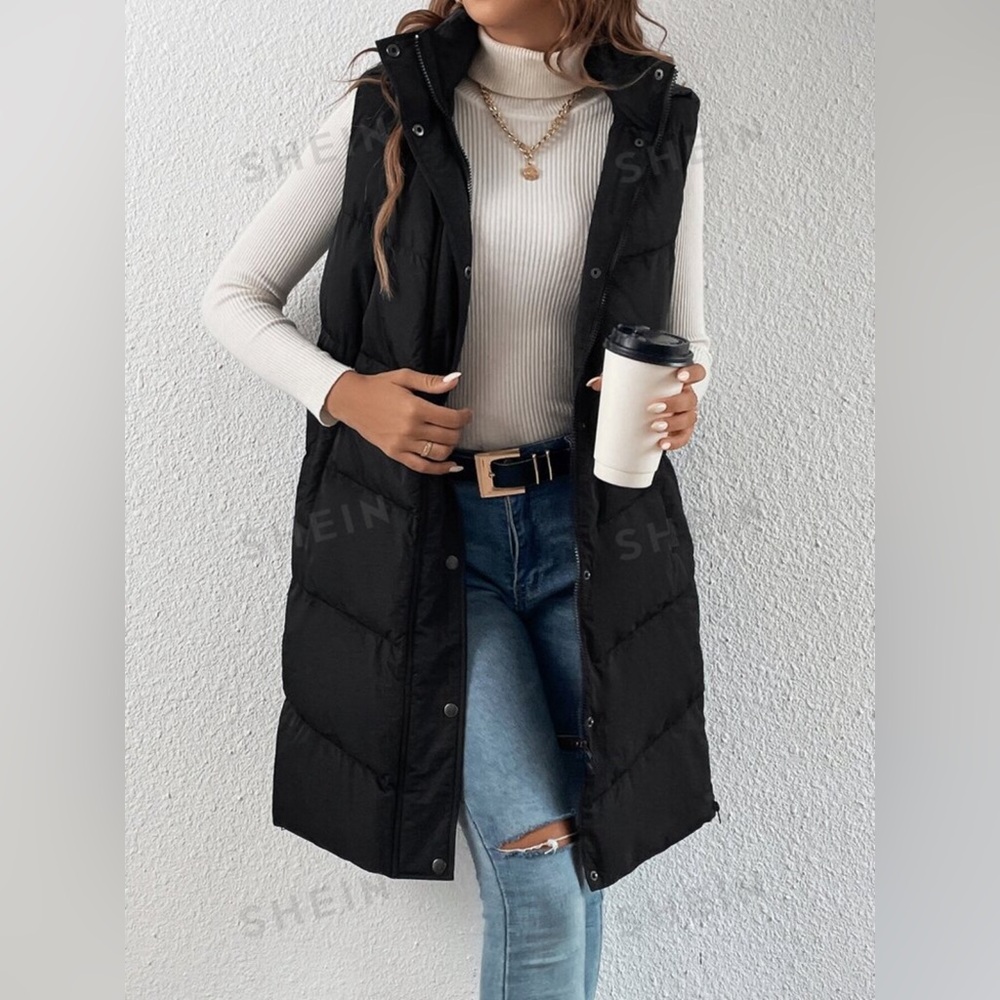 Zip Up Slant Pocket Sleeveless Hooded Padded Coat